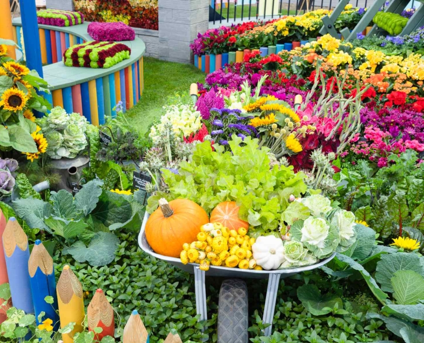 Wheelbarrow, lettuces & squashes